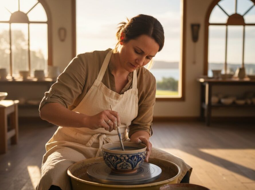 An inspiring wide-angle shot of a local artisan showcasing their craft in a sun-drenched Mornington cafe, perfectly embodying Mornington Peninsula lifestyle advertising photography. The artisan smiles genuinely while demonstrating their skill, with the cafe's rustic charm and Mornington's coastal light filling the background, capturing a beautiful, authentic brand moment.