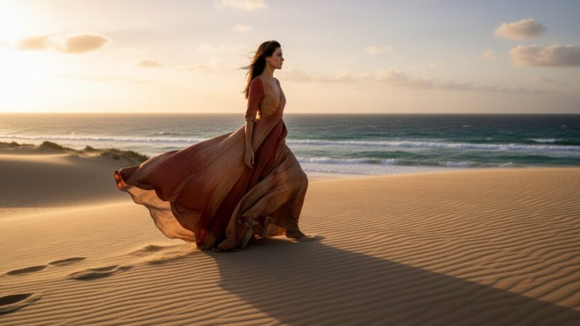 An epic moment captured through Mornington Peninsula lifestyle editorial photography, featuring a model gracefully walking along a pristine beach at sunset, with golden light reflecting on the water.