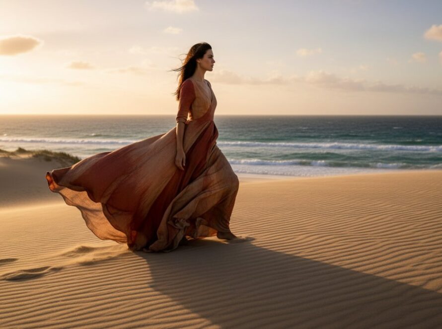 An epic moment captured through Mornington Peninsula lifestyle editorial photography, featuring a model gracefully walking along a pristine beach at sunset, with golden light reflecting on the water.
