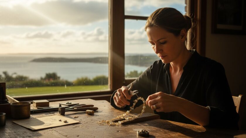 A vibrant, high-energy shot capturing the essence of Mornington Peninsula lifestyle editorial photography, featuring a local artisan showcasing their craft against the stunning backdrop of Mills Beach at sunset, with golden light reflecting off the water and a sense of authentic joy.