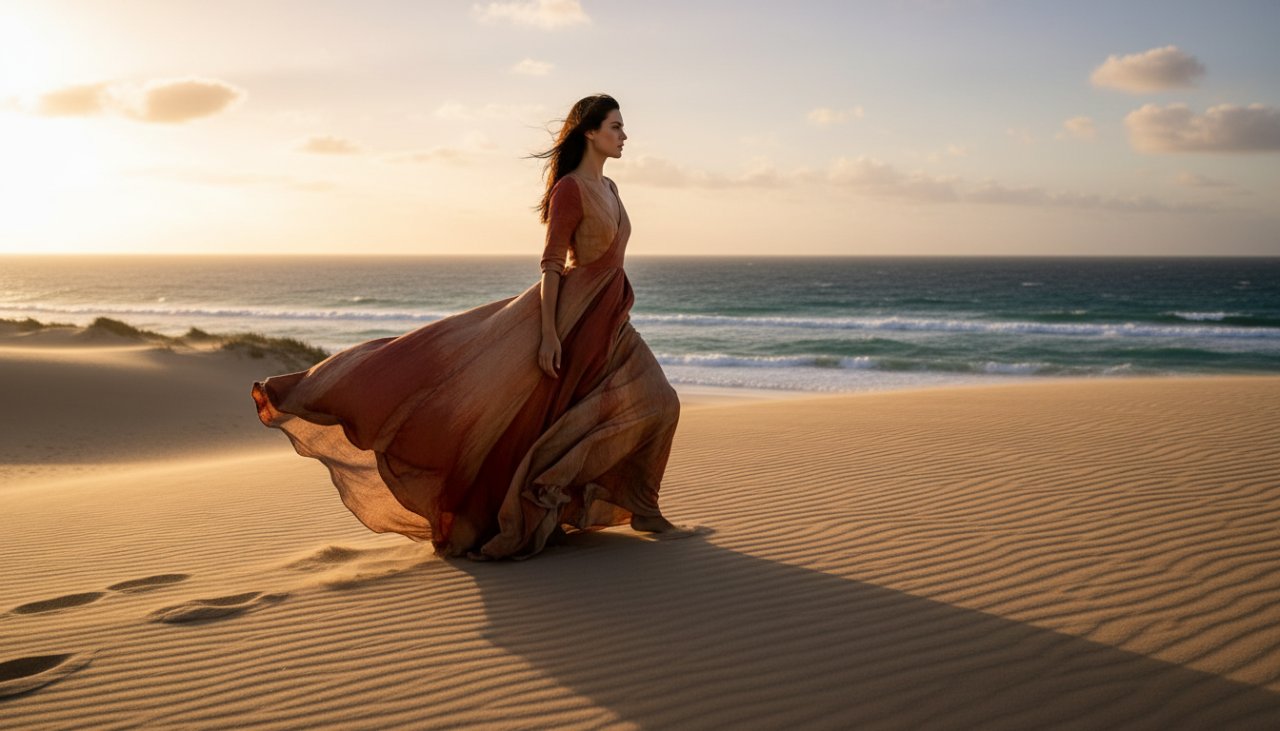 An epic moment captured through Mornington Peninsula lifestyle editorial photography, featuring a model gracefully walking along a pristine beach at sunset, with golden light reflecting on the water.