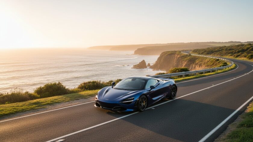 A high-angle, cinematic photograph showcasing a sleek, deep blue luxury sports car cruising along the scenic coastal road near Cape Schanck, Mornington Peninsula, at sunset, with golden light reflecting off the vehicle and waves crashing gently in the background, embodying Mornington Peninsula luxury car photography excellence.