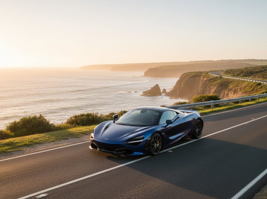 A high-angle, cinematic photograph showcasing a sleek, deep blue luxury sports car cruising along the scenic coastal road near Cape Schanck, Mornington Peninsula, at sunset, with golden light reflecting off the vehicle and waves crashing gently in the background, embodying Mornington Peninsula luxury car photography excellence.