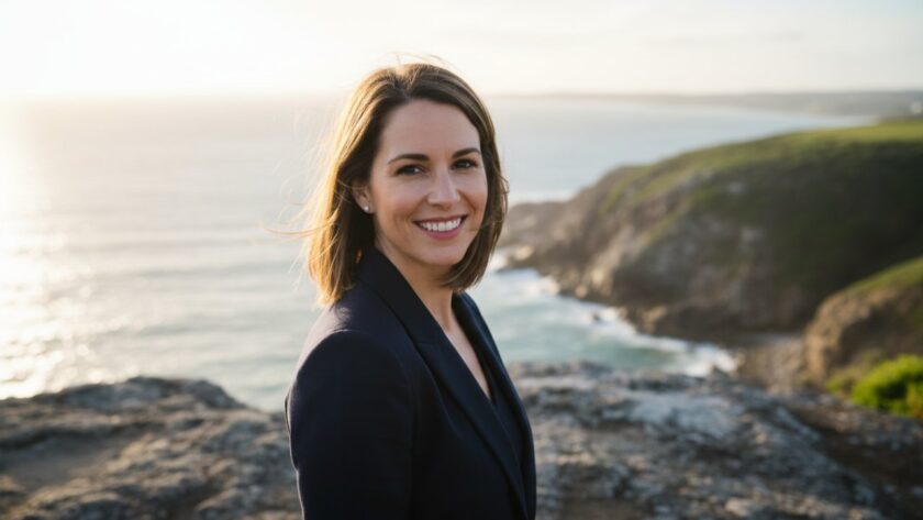A confident female professional laughs genuinely against a backdrop of the Mornington Peninsula coastline at sunset, her Mornington Peninsula professional headshots capturing authentic career branding with a warm, golden glow.