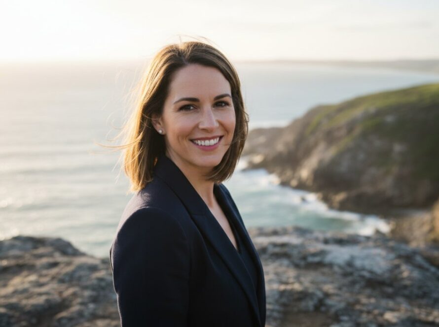 A confident female professional laughs genuinely against a backdrop of the Mornington Peninsula coastline at sunset, her Mornington Peninsula professional headshots capturing authentic career branding with a warm, golden glow.