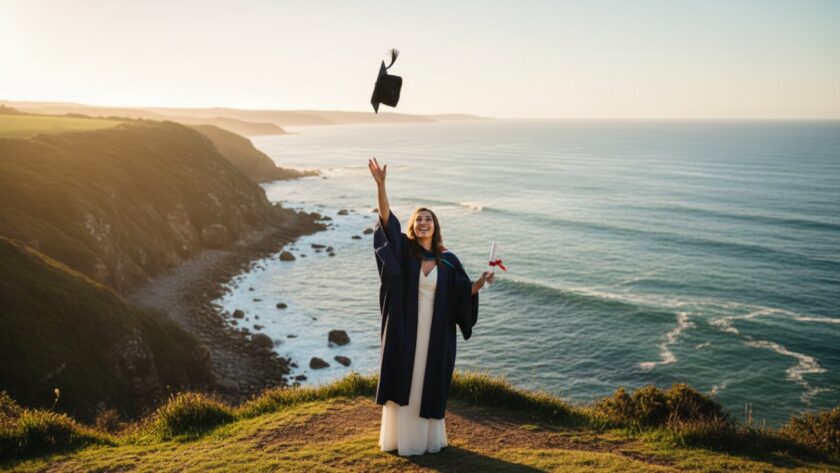 An elated university graduate in cap and gown, framed by the breathtaking coastal landscape of the Mornington Peninsula, celebrating their Mornington Peninsula university graduation photoshoot experience at sunset.