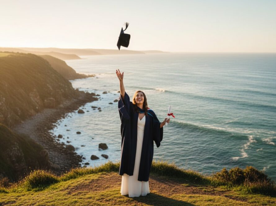 An elated university graduate in cap and gown, framed by the breathtaking coastal landscape of the Mornington Peninsula, celebrating their Mornington Peninsula university graduation photoshoot experience at sunset.