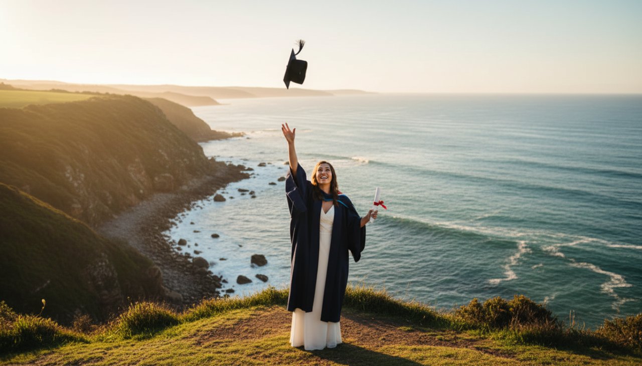 An elated university graduate in cap and gown, framed by the breathtaking coastal landscape of the Mornington Peninsula, celebrating their Mornington Peninsula university graduation photoshoot experience at sunset.