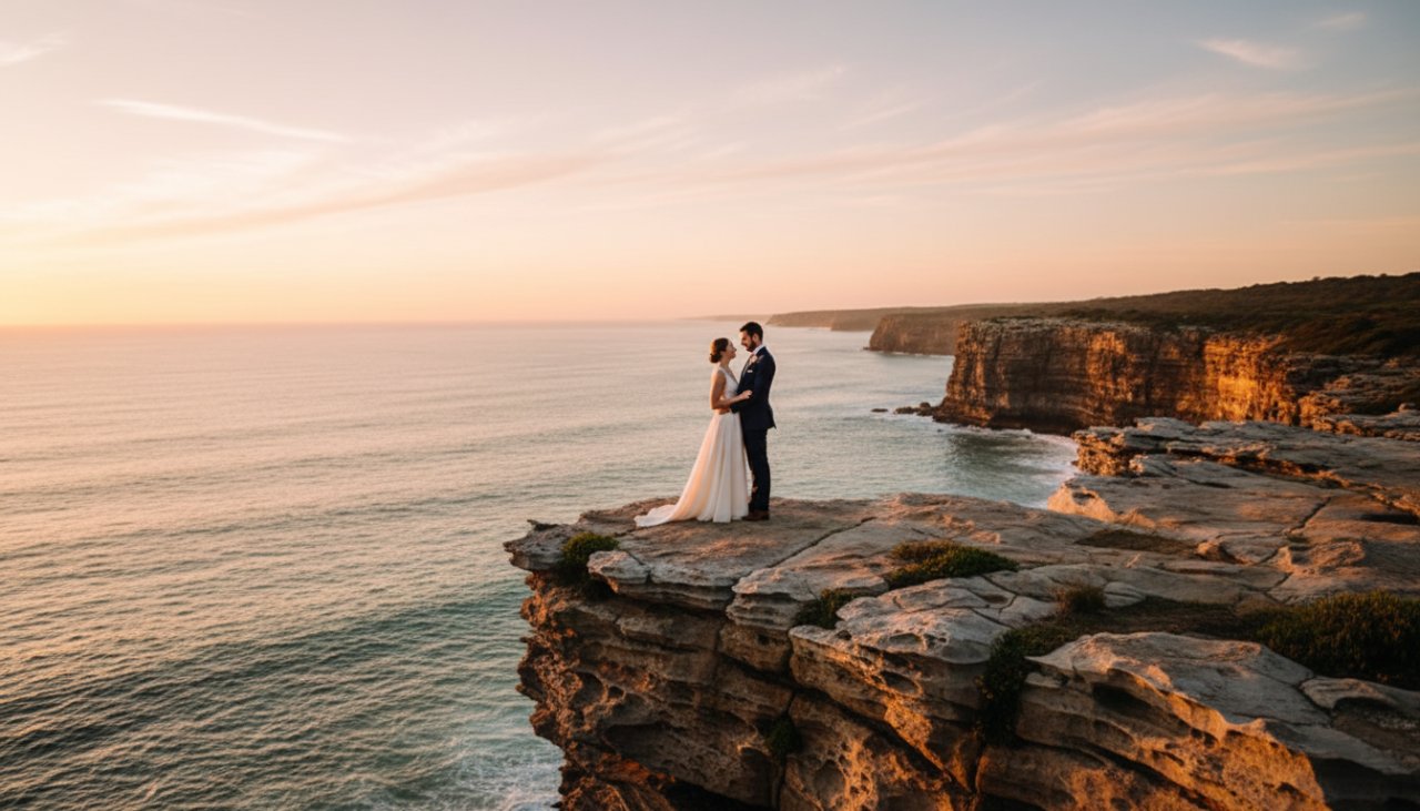 An intimate and epic moment captured during a Mornington pre-wedding photoshoot inspiration, with a couple embracing on a dramatic cliff overlooking the ocean at sunset.