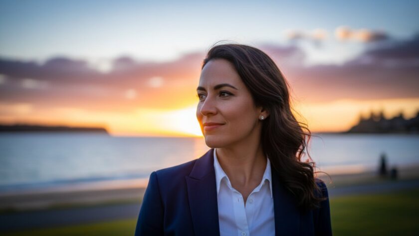 An inspiring, epic moment photograph capturing a professional in Mornington Professional Headshots for Personal Branding, confidently looking towards the future, set against a blurred scenic backdrop of Mornington Harbour at golden hour, exuding approachability and success.