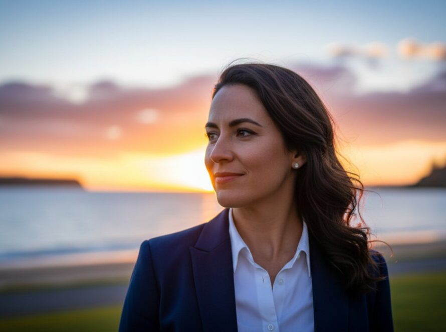 An inspiring, epic moment photograph capturing a professional in Mornington Professional Headshots for Personal Branding, confidently looking towards the future, set against a blurred scenic backdrop of Mornington Harbour at golden hour, exuding approachability and success.
