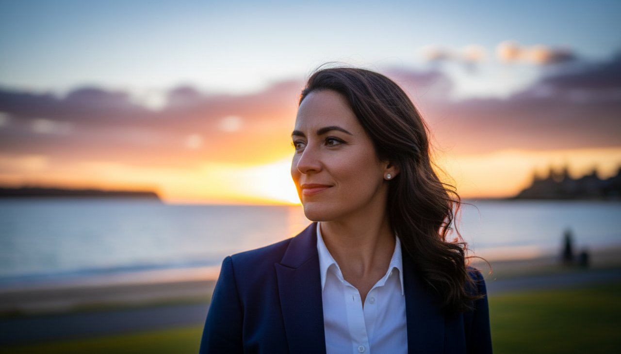 An inspiring, epic moment photograph capturing a professional in Mornington Professional Headshots for Personal Branding, confidently looking towards the future, set against a blurred scenic backdrop of Mornington Harbour at golden hour, exuding approachability and success.