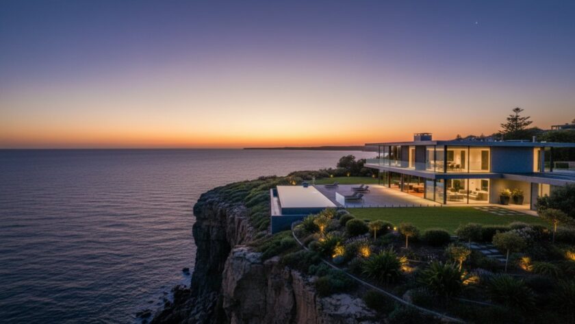 A stunning aerial view showcasing a magnificent Mornington coastal luxury home with a sparkling infinity pool overlooking the cerulean waters of Port Phillip Bay at sunset, embodying Mornington real estate photography coastal luxury.