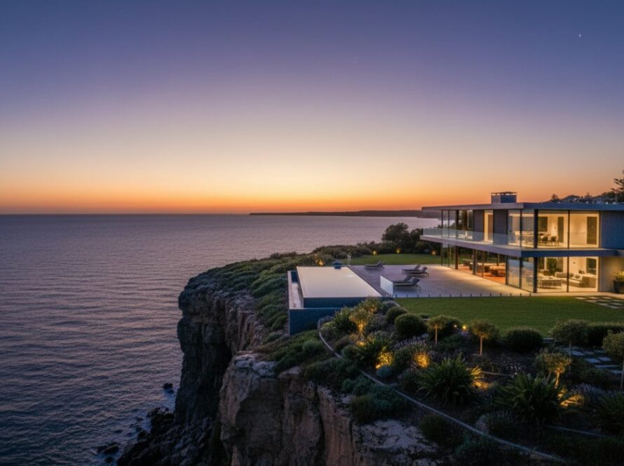 A stunning aerial view showcasing a magnificent Mornington coastal luxury home with a sparkling infinity pool overlooking the cerulean waters of Port Phillip Bay at sunset, embodying Mornington real estate photography coastal luxury.