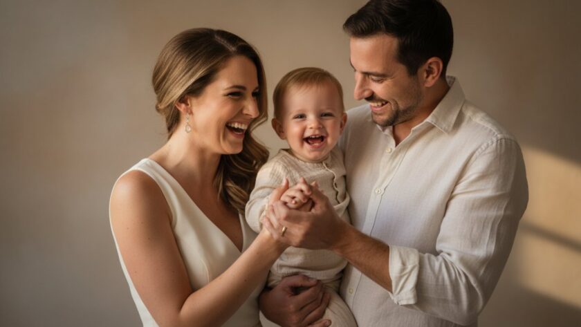 An emotional, authentic studio portrait of a Mornington family, parents embracing their joyful child, expertly composed with soft, warm lighting, perfectly capturing authentic family connections through Mornington studio photography.