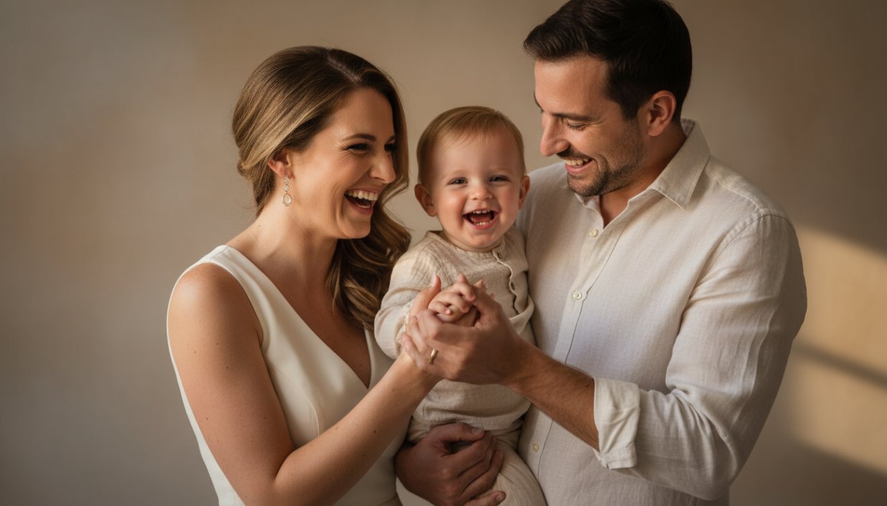 An emotional, authentic studio portrait of a Mornington family, parents embracing their joyful child, expertly composed with soft, warm lighting, perfectly capturing authentic family connections through Mornington studio photography.