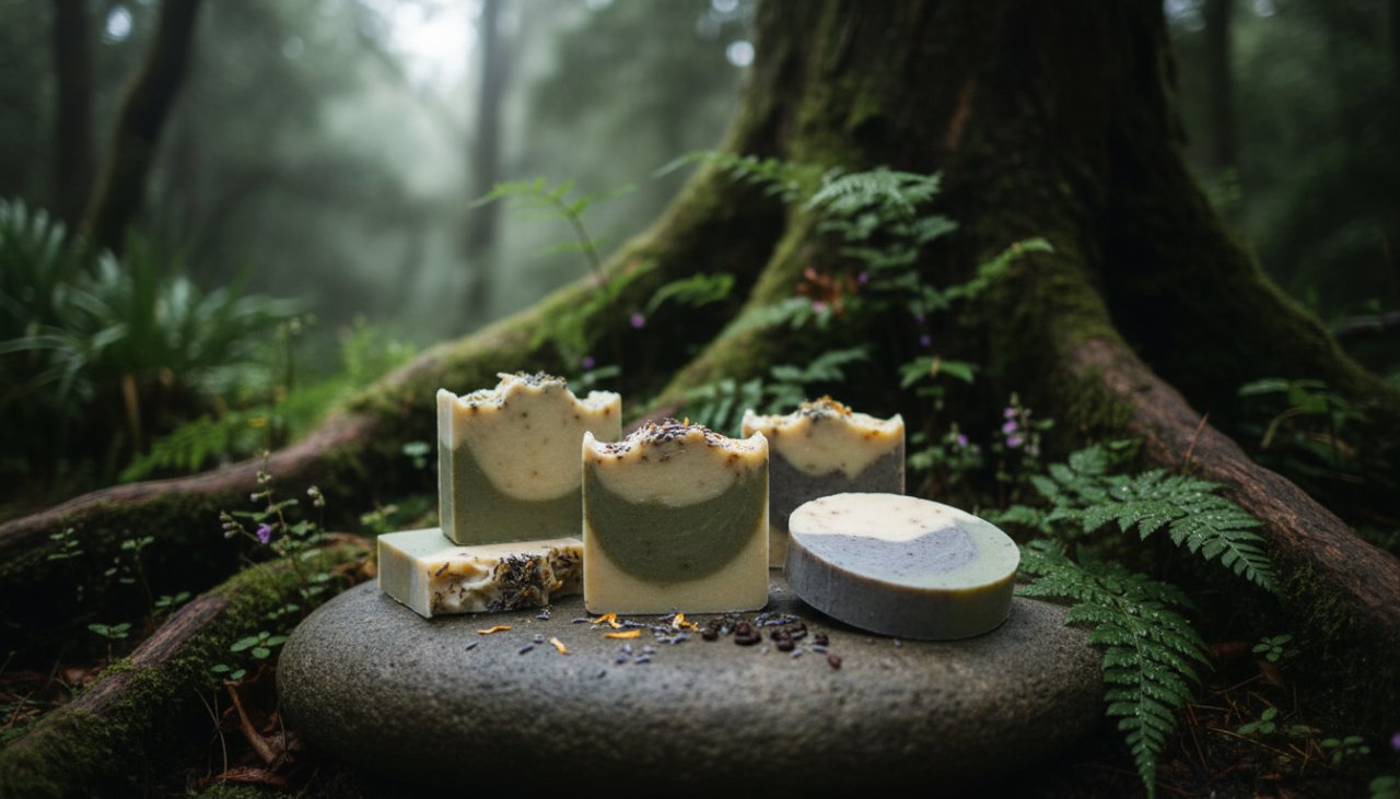 A beautifully composed, cinematic shot showcasing handcrafted ceramics with a soft, natural light, subtly hinting at the lush Mount Dandenong landscape in the background, embodying Mount Dandenong Artisan Product Photography excellence.