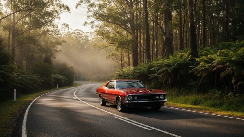 An epic moment captured: A gleaming vintage car, exquisitely detailed and bathed in golden hour light, parked majestically on a winding road with mist-shrouded Mount Dandenong scenery in the background, showcasing bespoke classic car photography in Victoria.