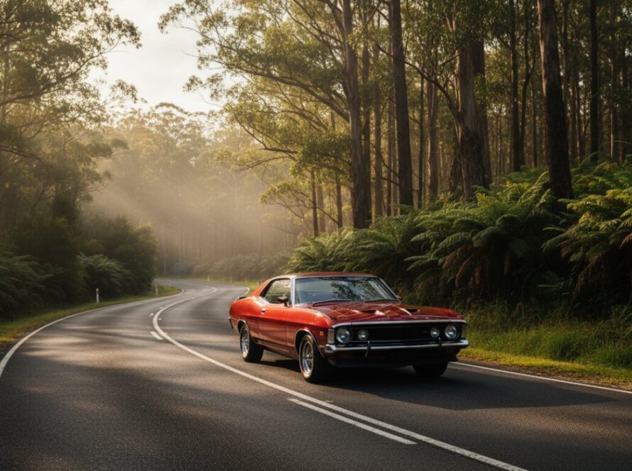 An epic moment captured: A gleaming vintage car, exquisitely detailed and bathed in golden hour light, parked majestically on a winding road with mist-shrouded Mount Dandenong scenery in the background, showcasing bespoke classic car photography in Victoria.