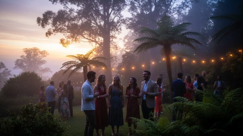 A wide shot capturing genuine laughter and joy during Mount Dandenong candid event photography moments at a garden party, with subjects silhouetted against a golden hour Dandenong Ranges sunset, showcasing authentic emotional connection.