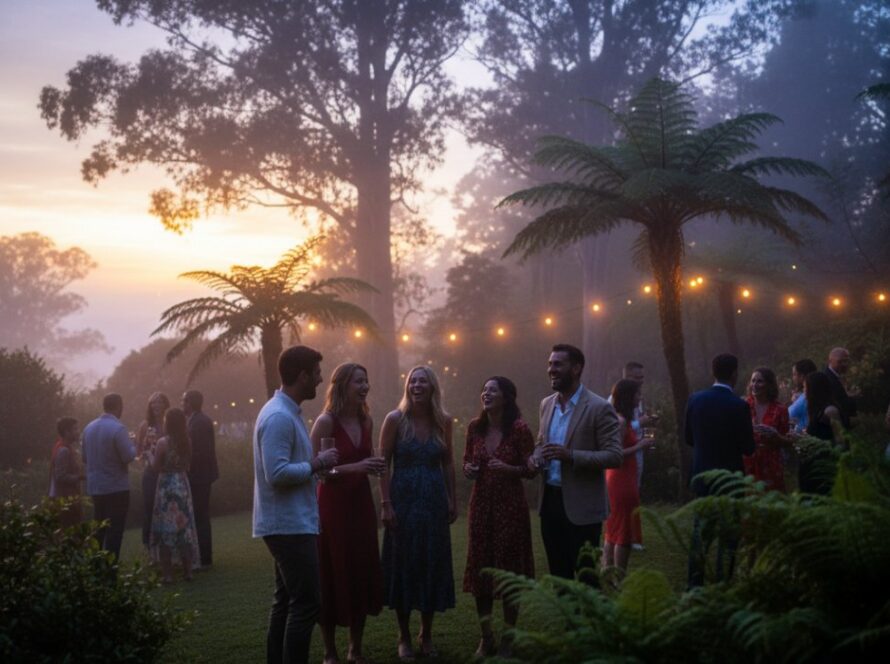 A wide shot capturing genuine laughter and joy during Mount Dandenong candid event photography moments at a garden party, with subjects silhouetted against a golden hour Dandenong Ranges sunset, showcasing authentic emotional connection.