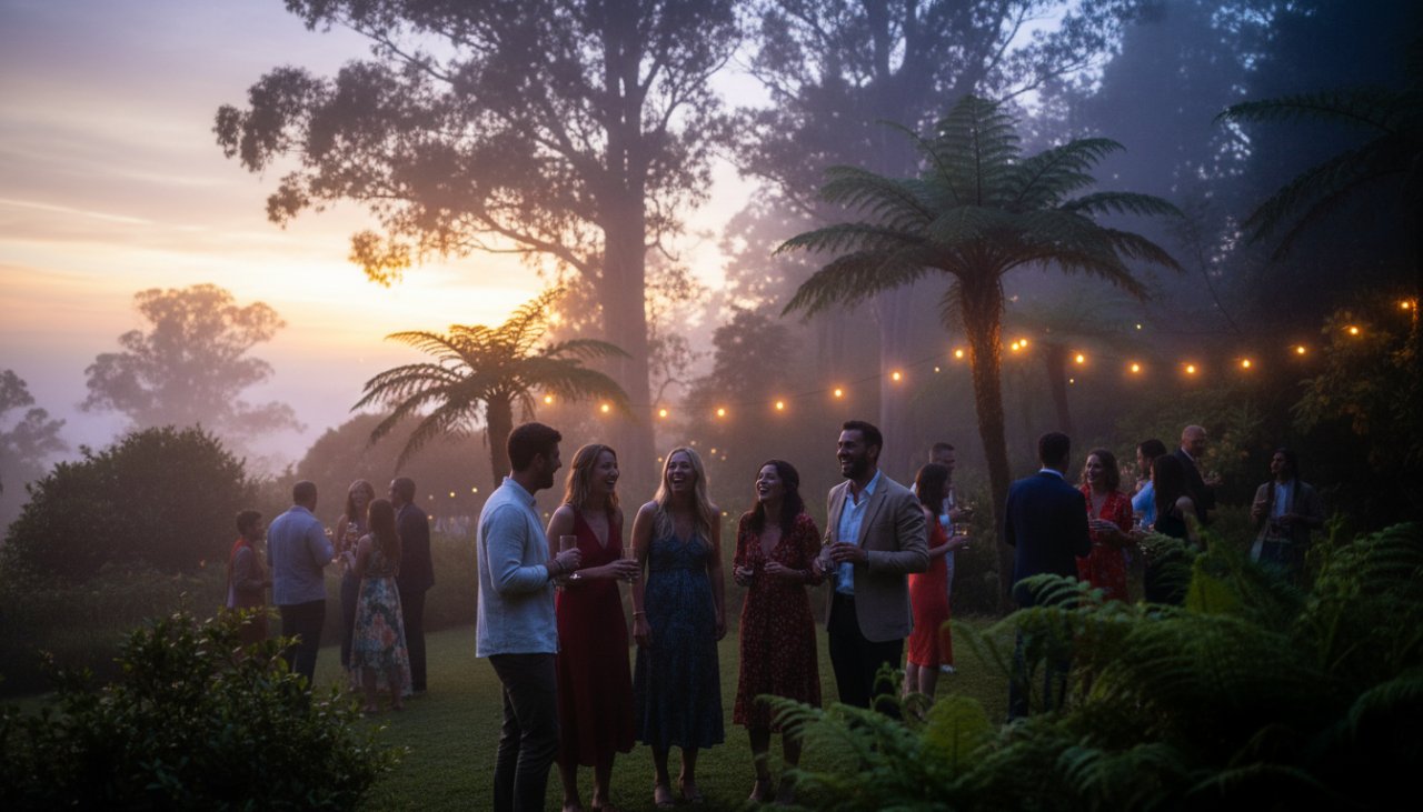 A wide shot capturing genuine laughter and joy during Mount Dandenong candid event photography moments at a garden party, with subjects silhouetted against a golden hour Dandenong Ranges sunset, showcasing authentic emotional connection.
