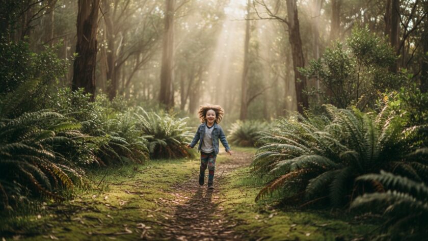 Mount Dandenong candid kids photography capturing a child's joyful leap amidst the misty Dandenong Ranges, sunlight filtering through eucalyptus leaves, creating a magical, epic moment.