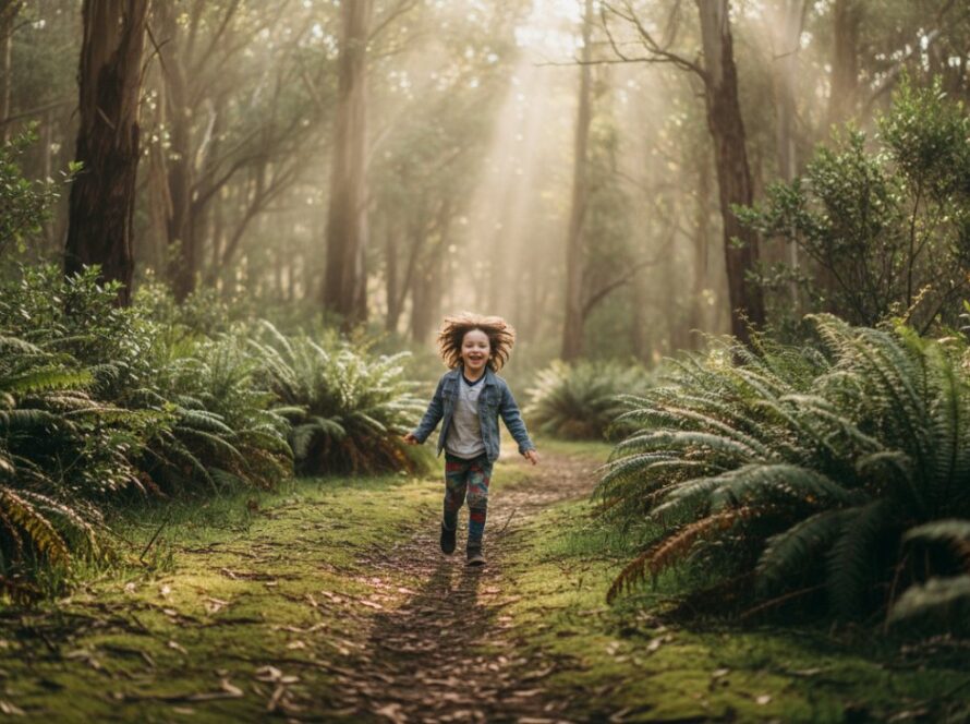 Mount Dandenong candid kids photography capturing a child's joyful leap amidst the misty Dandenong Ranges, sunlight filtering through eucalyptus leaves, creating a magical, epic moment.