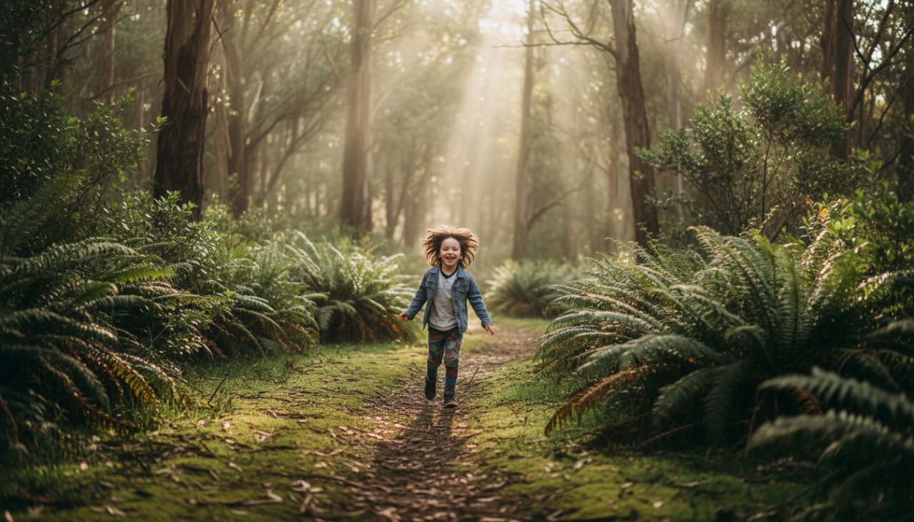 Mount Dandenong candid kids photography capturing a child's joyful leap amidst the misty Dandenong Ranges, sunlight filtering through eucalyptus leaves, creating a magical, epic moment.