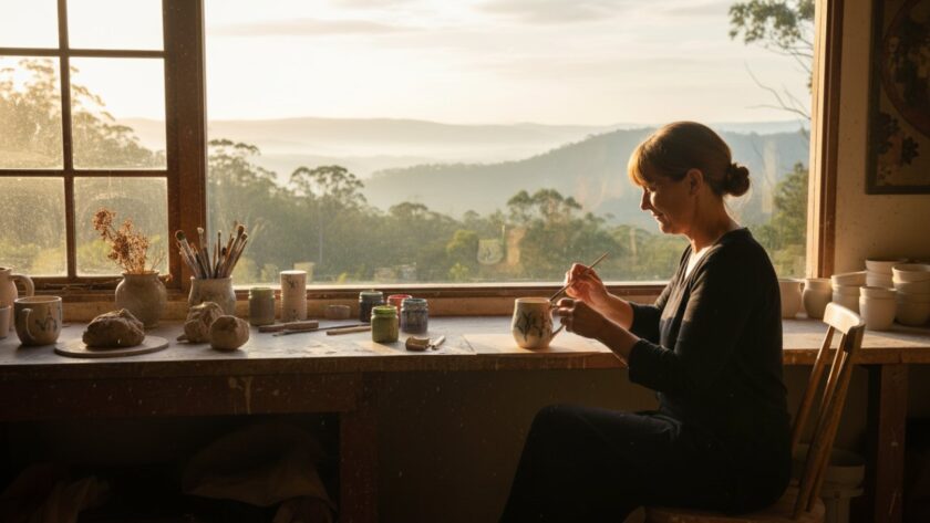 Dynamic Mount Dandenong commercial lifestyle photography showcasing a handcrafted local product in a rustic cafe, bathed in warm natural light, with misty hills in the background, conveying authenticity and local charm.