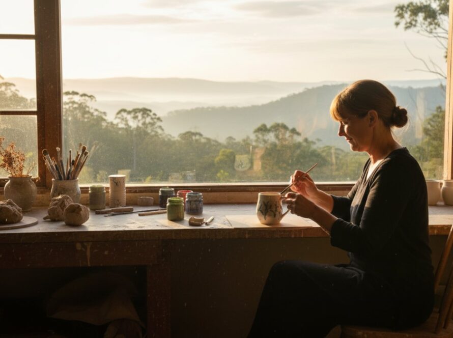 Dynamic Mount Dandenong commercial lifestyle photography showcasing a handcrafted local product in a rustic cafe, bathed in warm natural light, with misty hills in the background, conveying authenticity and local charm.