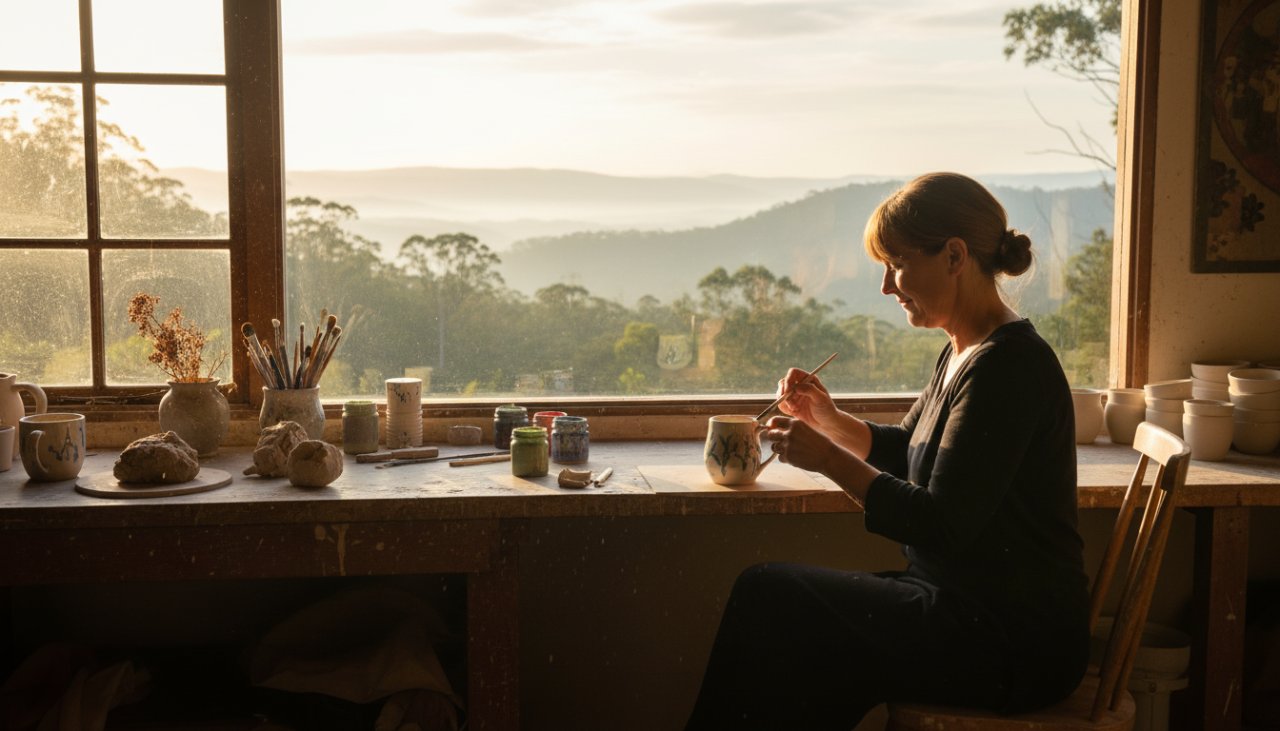 Dynamic Mount Dandenong commercial lifestyle photography showcasing a handcrafted local product in a rustic cafe, bathed in warm natural light, with misty hills in the background, conveying authenticity and local charm.