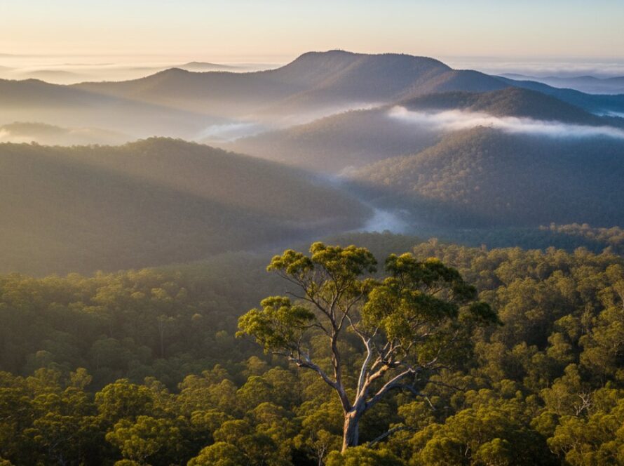 An epic sunrise moment of mist-shrouded peaks in the Mount Dandenong Ranges, expertly captured with drone photography, showcasing the dramatic Victorian landscape as a powerful example of Mount Dandenong drone photography capturing stunning Victoria views.
