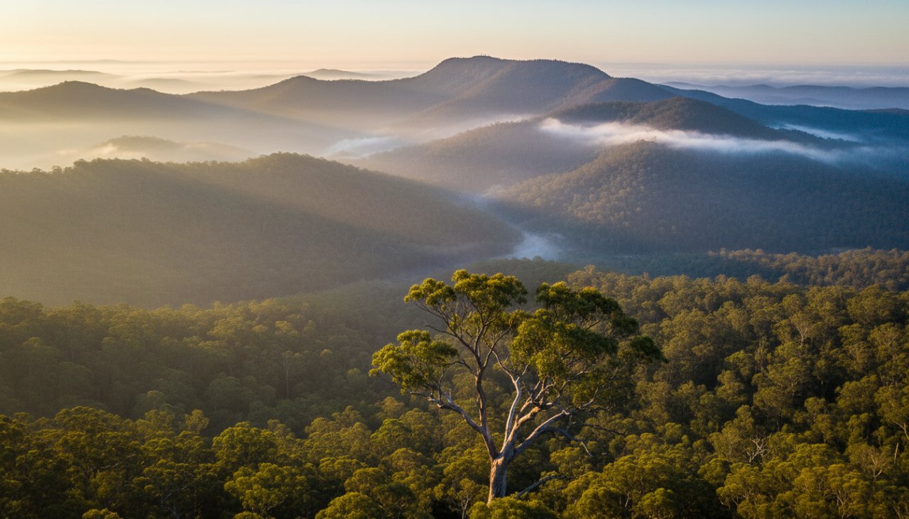 An epic sunrise moment of mist-shrouded peaks in the Mount Dandenong Ranges, expertly captured with drone photography, showcasing the dramatic Victorian landscape as a powerful example of Mount Dandenong drone photography capturing stunning Victoria views.