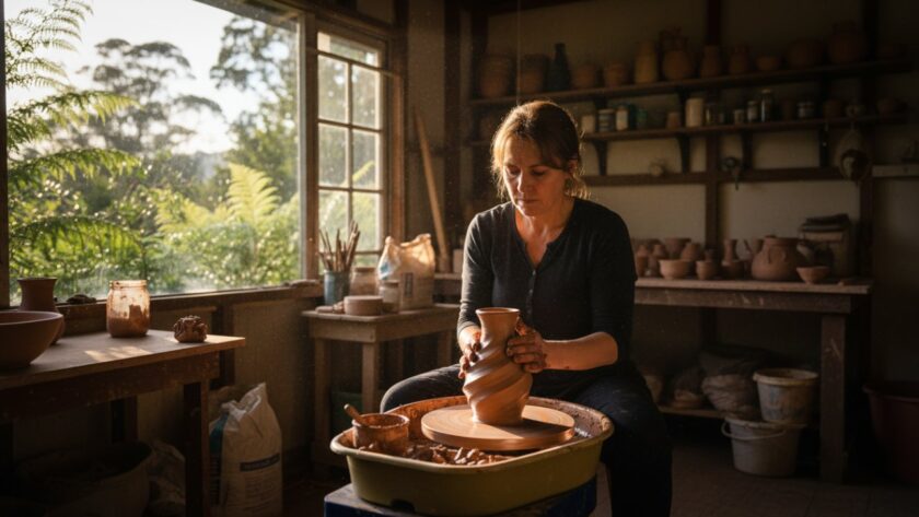 A sweeping, cinematic photograph showcasing expert Mount Dandenong editorial photography for local businesses, featuring a skilled artisan carefully crafting unique products within a sun-drenched, rustic workshop nestled in the Dandenong Ranges, capturing an authentic, inspiring moment.