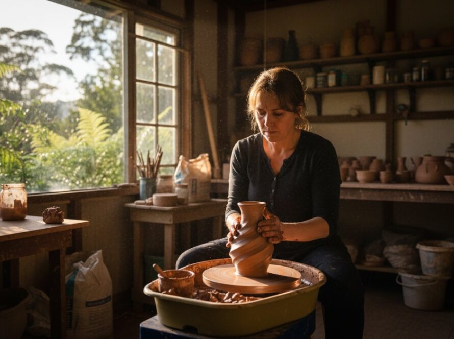 A sweeping, cinematic photograph showcasing expert Mount Dandenong editorial photography for local businesses, featuring a skilled artisan carefully crafting unique products within a sun-drenched, rustic workshop nestled in the Dandenong Ranges, capturing an authentic, inspiring moment.