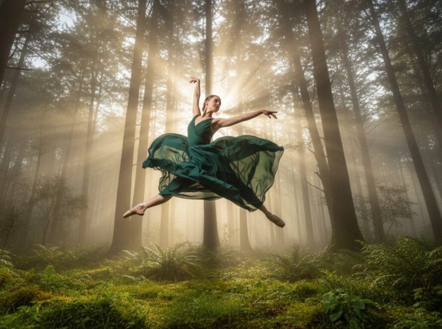 A breathtaking 'epic moment' photograph of a dancer silhouetted against a mystical Mount Dandenong sunset, showcasing Mount Dandenong Ethereal Dance Photography with dramatic lighting and dynamic movement.
