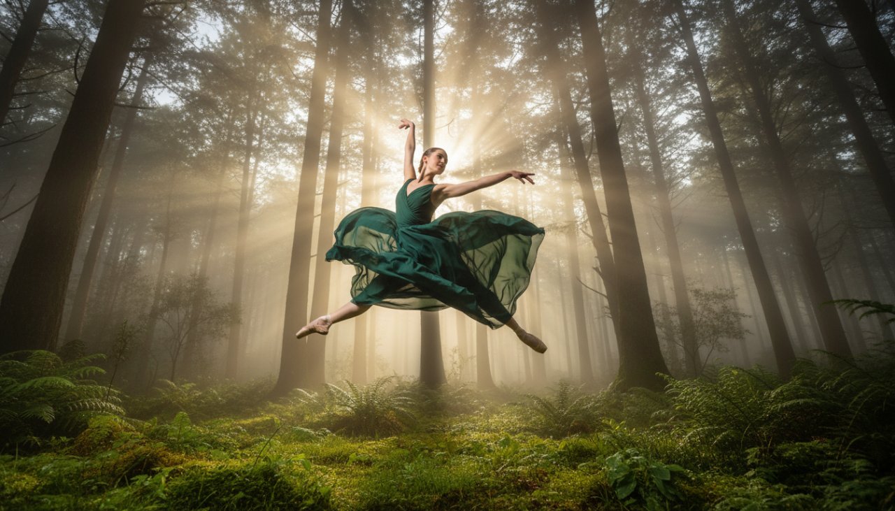 A breathtaking 'epic moment' photograph of a dancer silhouetted against a mystical Mount Dandenong sunset, showcasing Mount Dandenong Ethereal Dance Photography with dramatic lighting and dynamic movement.
