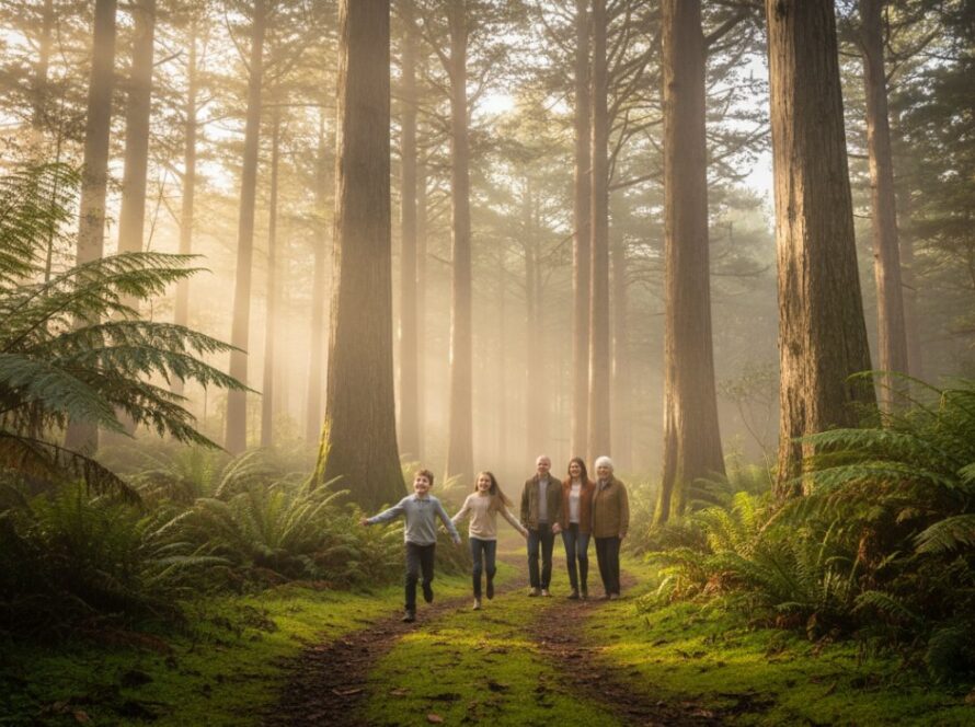 A joyous Mount Dandenong family photography capture genuine moments, with parents laughing and children playing amongst towering trees and dappled sunlight in the Dandenong Ranges.