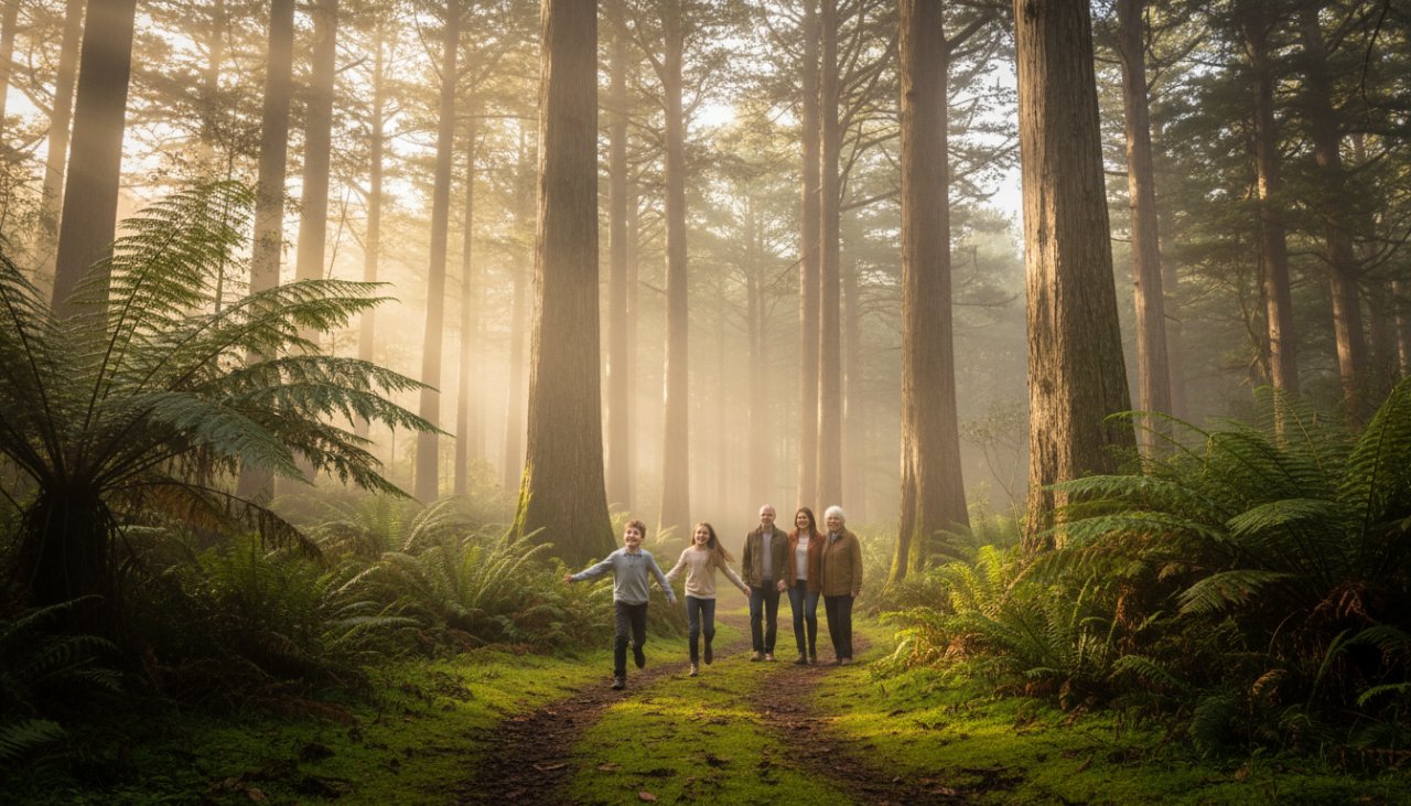 A joyous Mount Dandenong family photography capture genuine moments, with parents laughing and children playing amongst towering trees and dappled sunlight in the Dandenong Ranges.