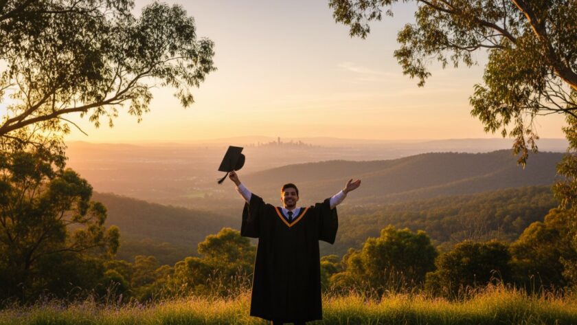 A jubilant graduate, cap thrown high in the air against a panoramic Mount Dandenong vista at sunset, encapsulating the joy of Mount Dandenong Graduation Photography Capturing Melbourne Academic Milestones.
