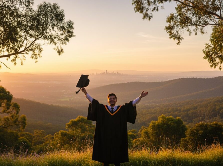 A jubilant graduate, cap thrown high in the air against a panoramic Mount Dandenong vista at sunset, encapsulating the joy of Mount Dandenong Graduation Photography Capturing Melbourne Academic Milestones.