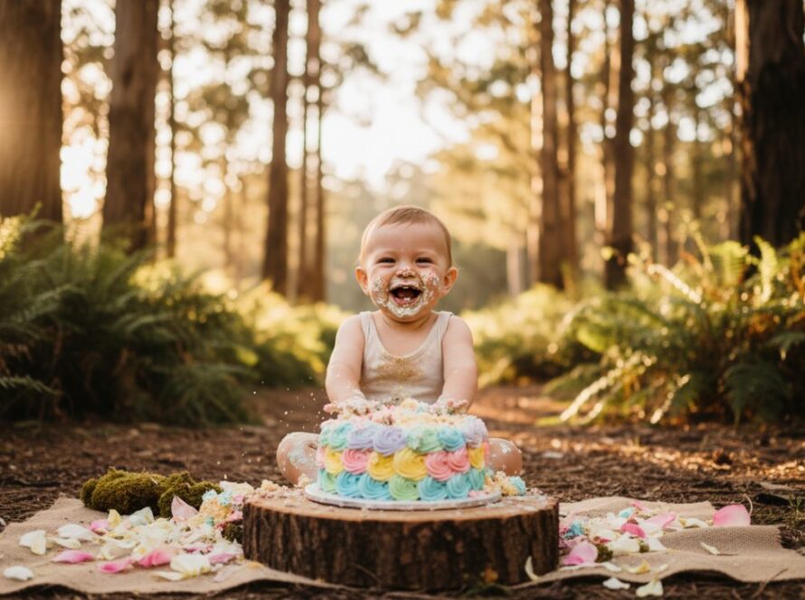 A heartwarming, golden-hour shot of a baby joyfully smashing a cake outdoors, surrounded by soft bokeh and eucalyptus leaves in the Mount Dandenong heartfelt first birthday cake smash photography session.