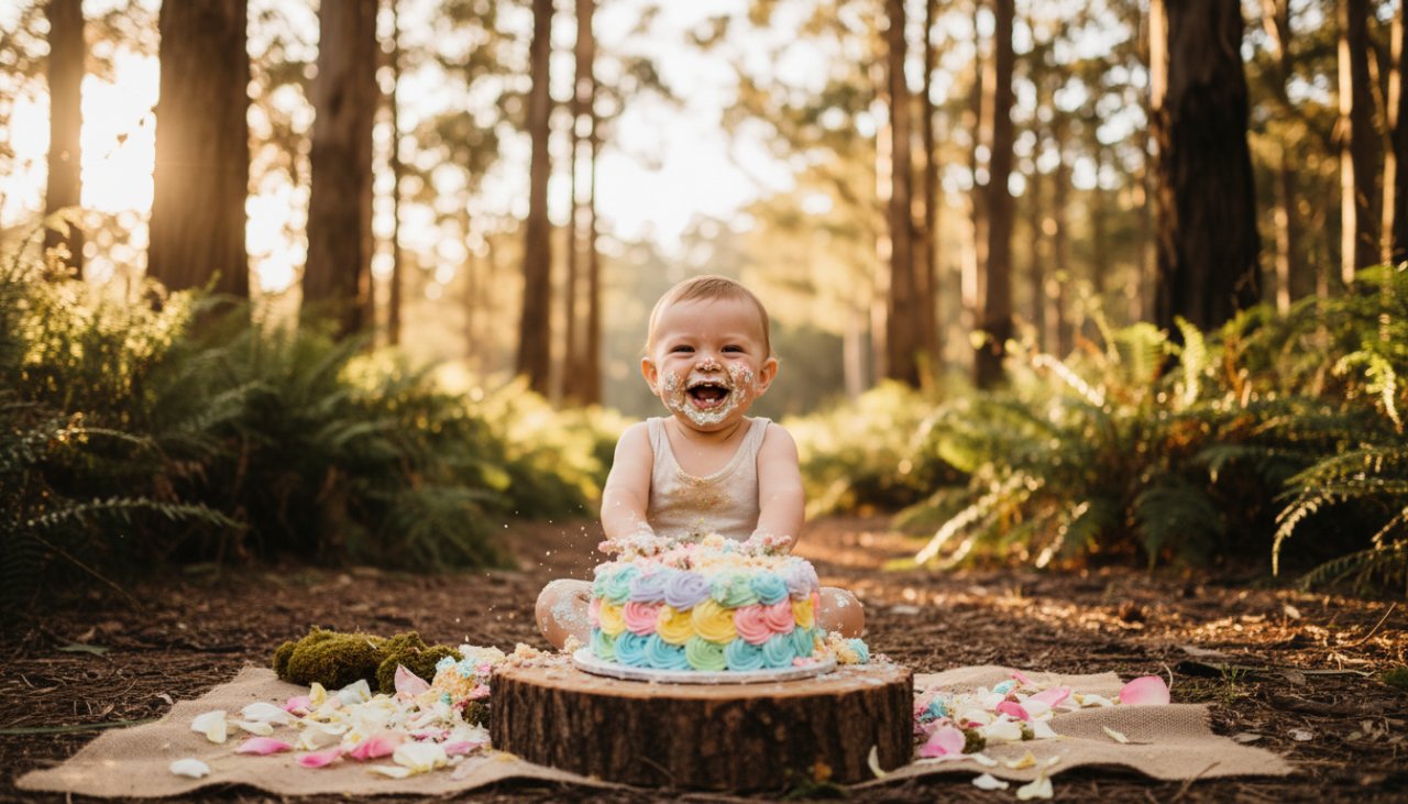 A heartwarming, golden-hour shot of a baby joyfully smashing a cake outdoors, surrounded by soft bokeh and eucalyptus leaves in the Mount Dandenong heartfelt first birthday cake smash photography session.