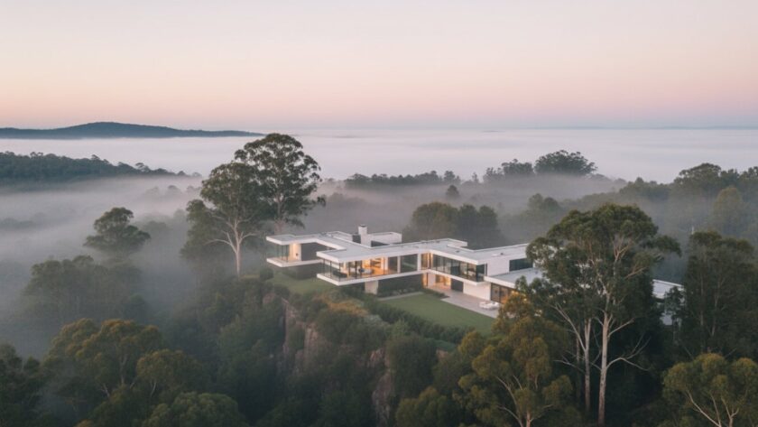 An awe-inspiring aerial view showcasing a grand luxury estate nestled amongst the lush, misty eucalyptus forests of Mount Dandenong, captured with expert Mount Dandenong luxury property photography excellence during a golden hour sunrise, highlighting the property's serene integration with nature.