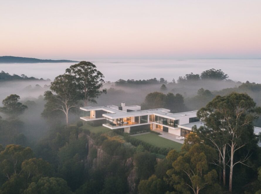 An awe-inspiring aerial view showcasing a grand luxury estate nestled amongst the lush, misty eucalyptus forests of Mount Dandenong, captured with expert Mount Dandenong luxury property photography excellence during a golden hour sunrise, highlighting the property's serene integration with nature.