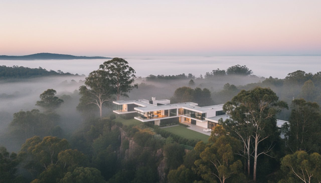 An awe-inspiring aerial view showcasing a grand luxury estate nestled amongst the lush, misty eucalyptus forests of Mount Dandenong, captured with expert Mount Dandenong luxury property photography excellence during a golden hour sunrise, highlighting the property's serene integration with nature.