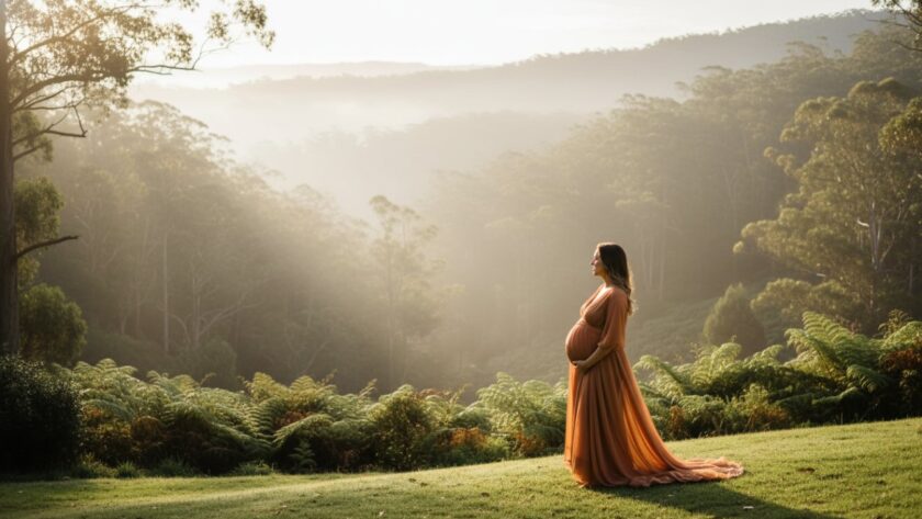 A breathtaking Mount Dandenong maternity photography natural light portrait featuring a radiant pregnant woman in a flowing gown, silhouetted against a misty Dandenong Ranges sunrise, showcasing an epic and ethereal moment.
