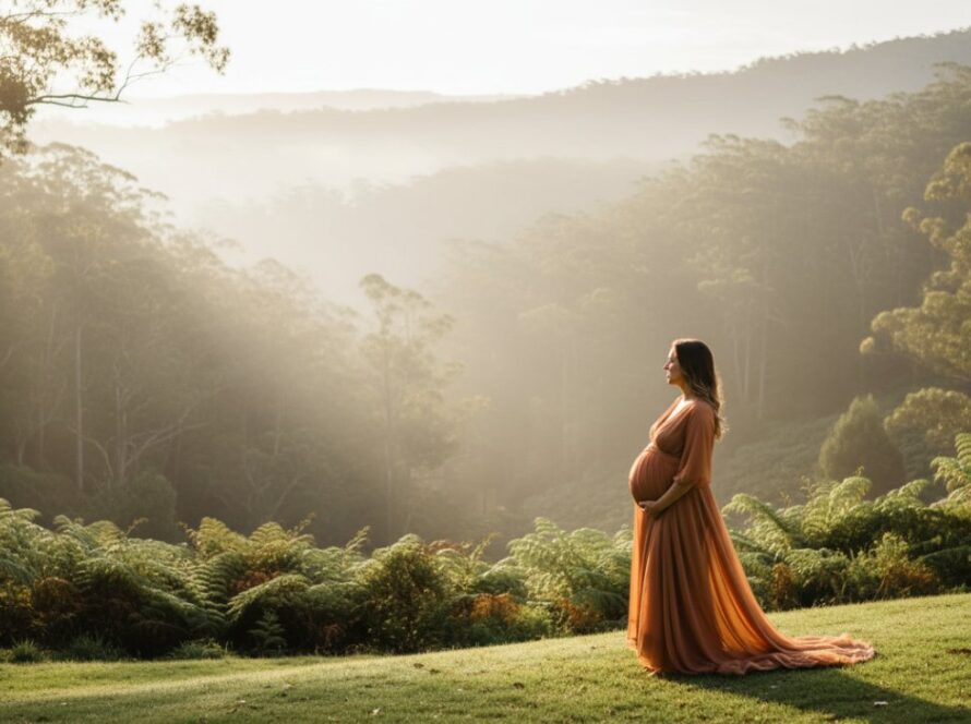 A breathtaking Mount Dandenong maternity photography natural light portrait featuring a radiant pregnant woman in a flowing gown, silhouetted against a misty Dandenong Ranges sunrise, showcasing an epic and ethereal moment.