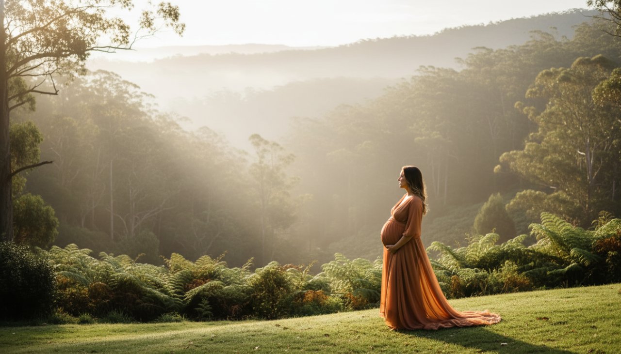 A breathtaking Mount Dandenong maternity photography natural light portrait featuring a radiant pregnant woman in a flowing gown, silhouetted against a misty Dandenong Ranges sunrise, showcasing an epic and ethereal moment.